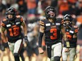 B.C. Lions quarterback Vernon Adams Jr. (3) celebrates a touchdown against the Calgary Stampeders, during the second half of the CFL western semi-final football game, in Vancouver, on Saturday, November 4, 2023.