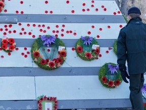 Poppies and wreaths were placed on Victoria Cenotaph in Regina on Remembrance Day 2023.