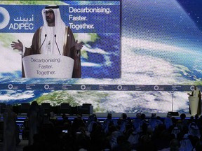 Sultan al-Jaber, COP28 president-designate and UAE's Special Envoy for Climate Change, talks during the ADIPEC, Oil and Energy exhibition and conference in Abu Dhabi, United Arab Emirates, Monday Oct. 2, 2023. The Saskatchewan government is to spend up to $765,000 on an event space at the global climate conference in Dubai.THE CANADIAN PRESS/AP/Kamran Jebreili