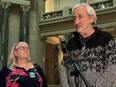 Brent Patterson, a resident at a government seniors housing building, speaks to reporters in Regina, Monday, Nov. 27, 2023, about problems at the High Park building in Moose Jaw, Sask. He says people with mental health challenges and addictions are using drugs in stairwells and defecating in the elevator. Darlene Goethals, also a resident of the building, stands next to him.