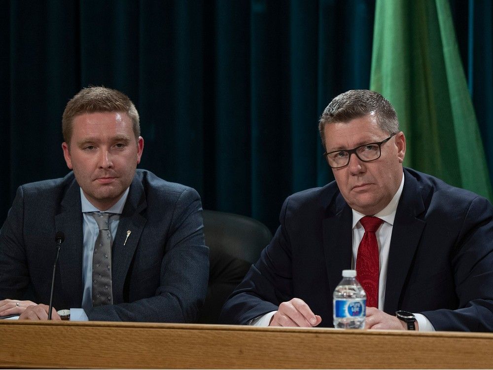 Minister of Education Jeremy Cockrill and Premier Scott Moe answer questions at a press conference at the Saskatchewan Legislative building on Friday, October 20, 2023 in Regina. 