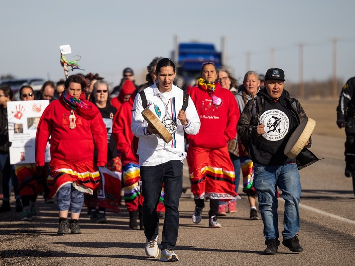  A group walks along Highway 16 toward Saskatoon to raise awareness about missing and murdered Indigenous women, girls and 2SLGBTQIA+ people. The cross-country journey was started in Victoria by Saskatchewan residents Lindsey Bishop and Krista Fox.