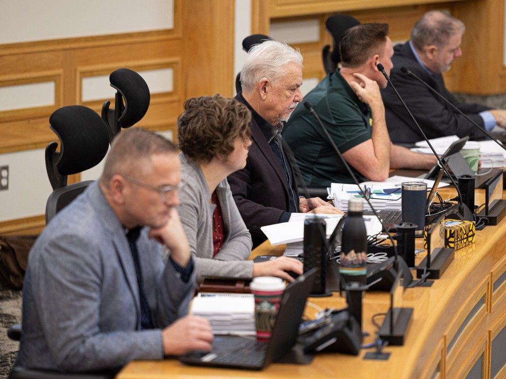 City council debates its next two-year budget in Saskatoon, Sask. on Tuesday, November 28, 2023. From left are: Coun. Darren Hill, Coun. Hilary Gough, Coun. David Kirton, Coun. Troy Davies, Coun. Randy Donauer.