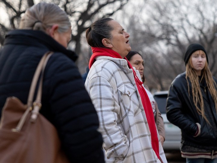  Krista Fox, an advocate for Missing and Murdered Indigenous People (MMIP), sings a woman’s warrior song before a sentencing hearing in Saskatoon on Dec. 8, 2023.