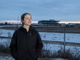Horse racing advocate Nicole Hein stands in front of the ruins of the Marquis Downs racetrack. She has started an organization that proposes to revive the horse racing facility. Photo taken in Saskatoon, Sask. on Tuesday, December 19, 2023.
