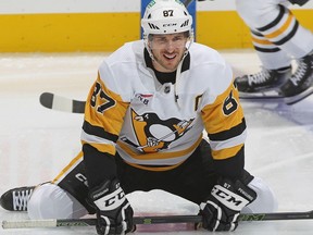 Sidney Crosby #87 of the Pittsburgh Penguins warms up prior to playing against the Toronto Maple Leafs in an NHL game at Scotiabank Arena on Dec. 16 in Toronto.
