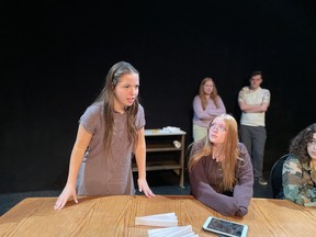 Members of Persephone Theatre's Young Company rehearse for their upcoming production of The Trials on December 2, 2023.