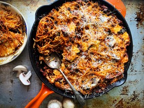 Beef and mushroom baked spaghetti.