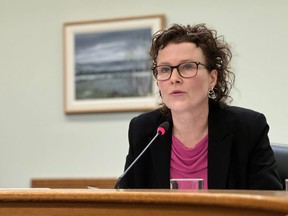 Saskatchewan provincial auditor Tara Clemett speaks at the legislature in Regina on Wednesday Dec. 6, 2023. Clemett's report looked into growing brain and spine surgery wait lists. Her report also says homelessness among people on detox has nearly tripled in six years.