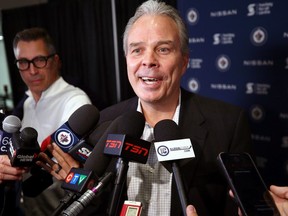 Winnipeg Jets general manager Kevin Cheveldayoff speaks with media at Hockey For All Centre on Tues., Oct. 10, 2023. KEVIN KING/Winnipeg Sun