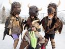 From left: Jolanta Bird, Bruce McKay, Dean Stockdale and Jesse Fulcher-Gagnon (front) are in costume during an on-ice practice for Sum Theatre and La Troupe Du Jour's Theatre on the Rink: Elder Brother and the Bison / Le Frère aîné et les bisons. Shows take place in Saskatoon (Jan. 25-30 and Feb. 3), Prince Albert (Jan. 31), Regina (Feb. 1-2) and North Battleford (Feb. 4). Photo taken in Saskatoon, Jan. 23, 2024.