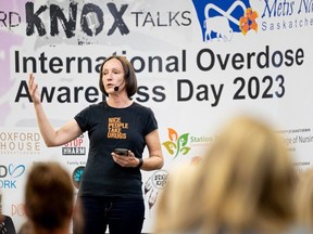 Dr. Barb Fornssler of the School of Public Health at University of Saskatchewan gives a speech at Station 20 West during International Overdose Awareness Day 2023.