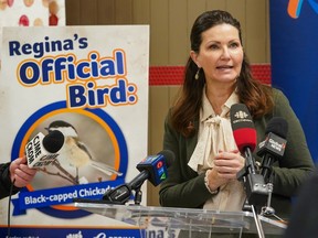 Mayor of Regina Sandra Masters speaks to the media at the city hall after black-capped chickadee was announced as the official bird of Regina in Regina on Friday, January 5, 2024.