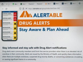 An Alertable webpage is photographed after an announcement about a new provincial drug alert system in Regina on Thursday, January 11, 2024.