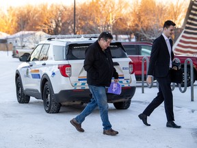Darryl Burns, whose sister Gloria Burns was killed during the James Smith Cree Nation and Weldon mass stabbing in 2022, arrives at the public coroner's inques in Melfort, Sask. on Monday, January 29, 2024.