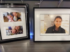Framed photographs of Monique Gamble, including two with her young son.