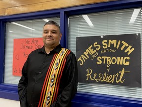 Codi Baptiste stands outside his office at Bernard Constant Community School on James Smith Cree Nation on Saturday, January 27, 2024.