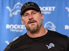 Detroit Lions head coach Dan Campbell talks to reporters following an NFL football NFC divisional playoff game against the Tampa Bay Buccaneers, Sunday, Jan. 21, 2024, in Detroit. The Lions won 31-23.