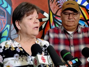 Cindy Ghostkeeper-Whitehead, a family wellness worker on the James Smith Cree Nation, and Mike Marion, the First Nation's health director, say it's frustrating that the community's response isn't being heard at a coroner's inquest into the 2022 mass stabbings. Ghostkeeper-Whitehead, left, and Marion are seen speaking to media at the inquest venue in Melfort, Sask., Tuesday, Jan. 23, 2024.