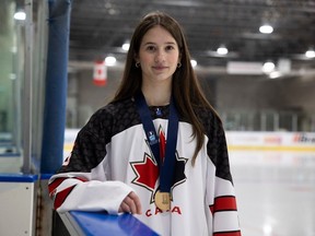 Stryker Zablocki, who recently helped Canada win bronze at the World Women's Under-18 Hockey Championship, is shown at the Co-operators Centre on Jan. 17, 2024 in Regina.