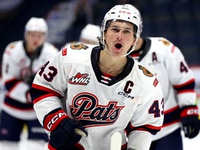 Regina Pats captain Tanner Howe celebrates after scoring a goal during the 2023-24 WHL season. PHOTO Keith Hershmiller Photography