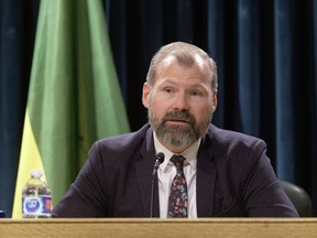 Dustin Duncan, now the minister responsible for SaskEnergy, speaks at the Legislative Building in Regina in August.