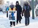 As part of the one-day strike by teacher across Saskatchewan, teachers in Saskatoon rallied at three locations, including Midtown Plaza. Photo taken in Saskatoon, Sask. on Tuesday, January 16, 2024.