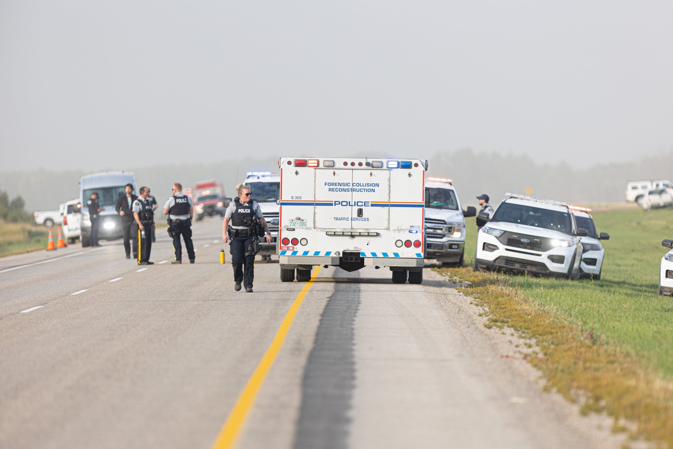 RCMP on scene on Highway 11 after the arrest of Myles Sanderson North of Saskatoon.