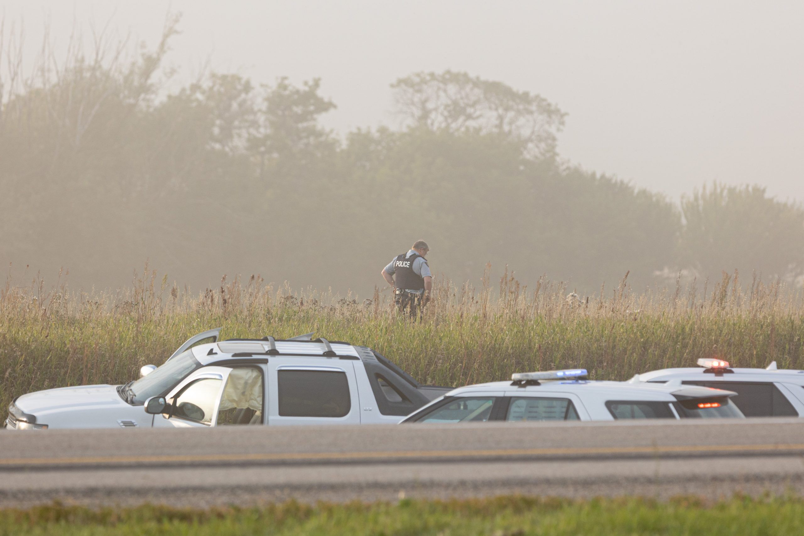 RCMP on scene on Highway 11 after the arrest of Myles Sanderson North of Saskatoon.
