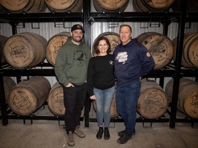 Last Mountain Distillery Co-owner's Braeden Raiwet, Meredith Schmidt and Colin Schmidt stand for a portrait inside their distillery on Tuesday, February 6, 2024 in Lumsden. Last Mountain Distillery recently won at the 2024 Canadian Whisky Awards.