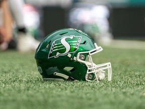 A Saskatchewan Roughriders helmet before a game against Hamilton Tiger-Cats in Regina on Saturday, June 11, 2022.