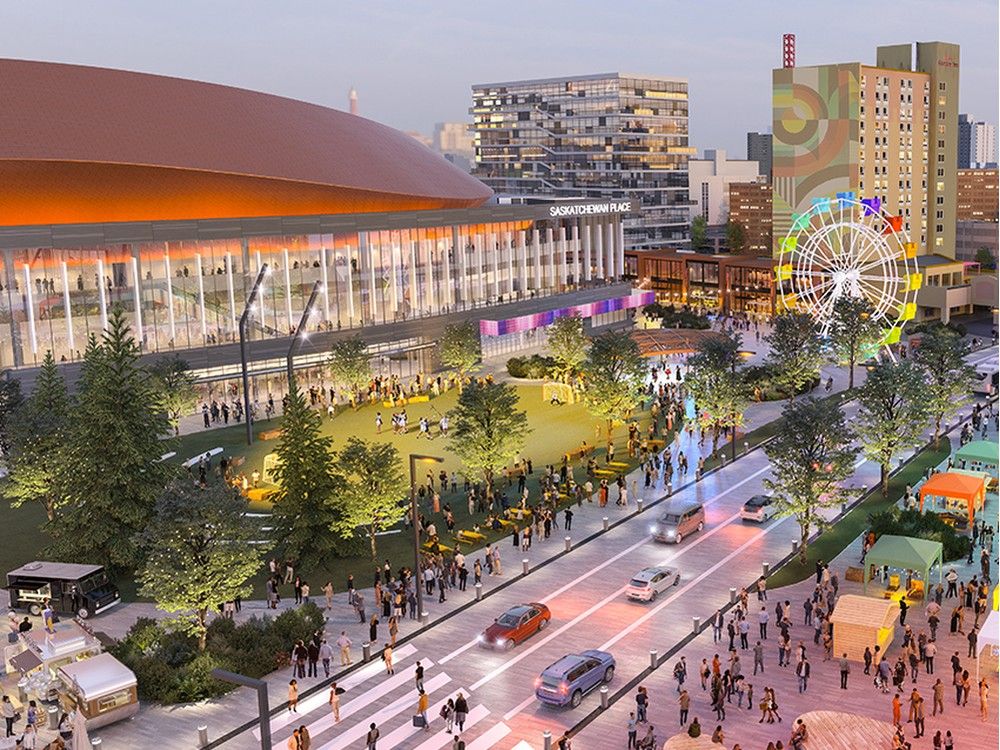 An artist's rendering of the area around a proposed new arena and convention centre expansion in downtown Saskatoon. 