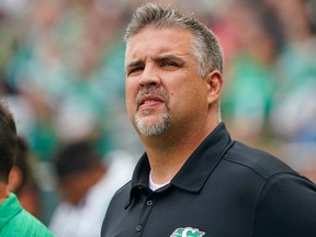 Saskatchewan Roughriders general manager Jeremy O'Day looks on before CFL football action against the Calgary Stampeders in Regina, Saturday, July 15, 2023. After back-to-back disappointing seasons, O'Day knew changes had to be made. THE CANADIAN PRESS/Heywood Yu