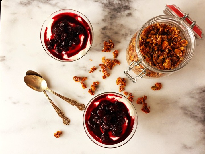 Sour cherry yogurt and granola parfait is great for breakfast.