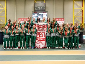 At the 2023-24 Canada West track and field championships in Edmonton on Feb. 26, 2024, the University of Saskatchewan women's team set a new conference standard by winning their sixth-straight title, breaking their own previous mark of five straight set from 1997 to 2001.