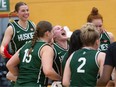 Gage Grassick (centre) was among the stars for the University of Saskatchewan women's basketball team in a 73-42 victory over sixth-seeded University of Alberta in the Canada West conference tournament final on Sunday, Feb. 25, 2024. The Huskies now head to the U Sports national championship tournament, which runs March 7-10 in Edmonton.
