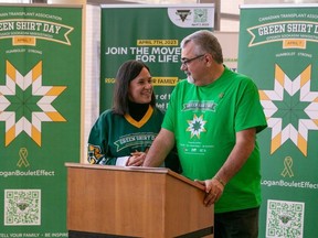Bernadine and Toby Boulet, parents of Logan Boulet, at the Green Shirt Day Launch in in Lethbridge.