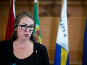 Official Opposition Trade Critic Aleana Young holds a press conference to discuss Premier Scott Moe's third trip to India at the Saskatchewan Legislative Building on Tuesday, February 20, 2024 in Regina.