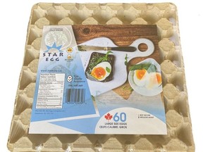 The Canadian Food Inspection Agency is recalling some eggs sold in Saskatchewan due to possible salmonella contamination. An example of a Star Egg brand 60-egg flat is seen in an undated handout image.