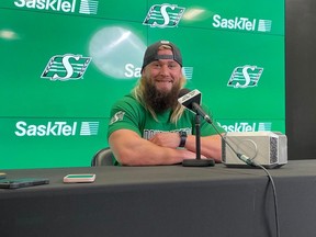 Saskatchewan Roughriders running back A.J. Ouellette speaks with the media at Mosaic Stadium on Tuesday, February 14, 2024 after signing with the team during CFL free agency.