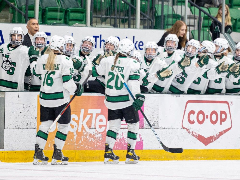 SASKATOON, Sask. - February 15, 2023 - 0217 sports huskies women's hockey - University of Saskatchewan Huskies Mallory Dyer celebrates her goal against the Calgary Dinos during women's hockey at Merlis Belsher Place. Photo taken in Saskatoon, Sask. on Friday, February 16, 2023.