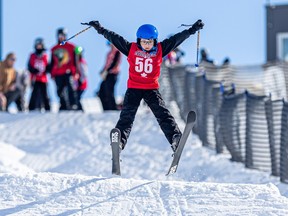 SASKATOON, Sask. - March 10, 2024 - 0313 news ski comp - Theodore Hounjet flies off the mogul jump at the first annual Prairie Peaks Fun Comp at Optimist Park. Photo taken in Saskatoon, Sask. on Sunday, March 10, 2024.