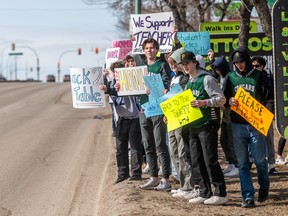 High school students from Saskatoon and rural communities gathered at MLA Paul Merriman's office to call for the cancellation of Hoopla to be reversed. The cancellation of the tournament comes amidst tensions between the Saskatchewan Teachers' Federation and the Government of Saskatchewan. Photo taken in Saskatoon, SK on Tuesday, March 19, 2024.