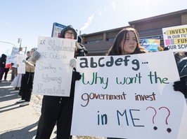 Students from high schools across Saskatoon walk out of afternoon classes and protest outside of Don Morgan's office in a show of support for the province's teachers. The Saskatchewan Teachers' Federation and the provincial government remain at a standstill on a new collective agreement Photo taken in Saskatoon, Sask. on Tuesday, March 26, 2024.