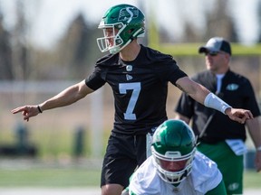 Quarterback Trevor Harris (7) calls out a play during the first day of the Saskatchewan Roughriders training camp at Griffiths Stadium. Photo taken in Saskatoon, SK on Wednesday, May 10, 2023.