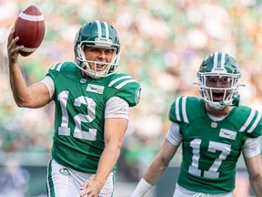 Saskatchewan Roughriders kicker Brett Lauther (12) during the Labour Day Classic CFL football game at Mosaic Stadium in 2023.