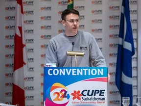 New president Kent Peterson speaks during annual CUPE Saskatchewan convention in Saskatoon on March 15, 2024.