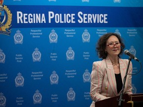 Minister of Justice and Attorney General, Bronwyn Eyre, speaks during a press conference to announce new restrictions being placed on carrying bear spray in urban public areas on Tuesday, March 12, 2024 in Regina.