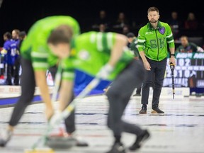 Skip Mike McEwen watches the rock go down the ice as Team Saskatchewan takes on Team Prince Edward Island in Pool B action to open the 2024 Montana's Brier inside the Brandt Centre on Friday, March 1, 2024 in Regina.