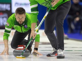Saskatchewan skip Mike McEwen watches the rock slide down the ice as Team Saskatchewan takes on Team Canada in Pool B action at the 2024 Montana's Brier inside the Brandt Centre on Saturday, March 2, 2024 in Regina.